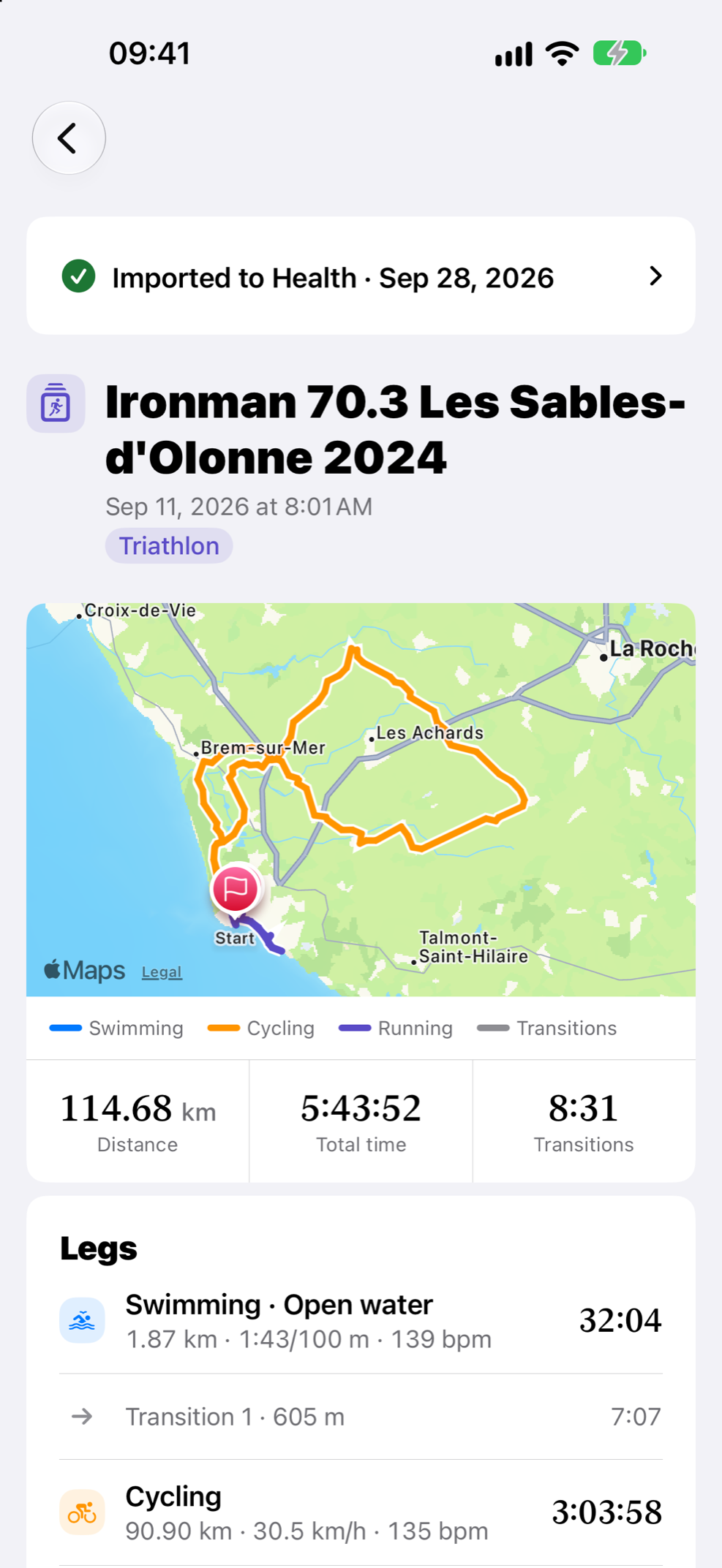 Legato showing the Ironman 70.3 Les Sables-d’Olonne 2024: each leg’s route on the map, then the swim, transitions and bike leg with their times.