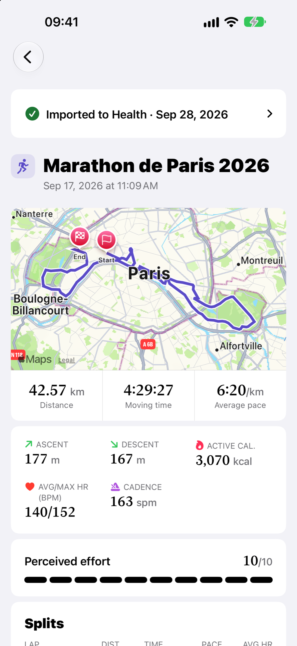 Legato showing the Paris Marathon 2026 imported into Apple Health: its route on the map, 42.57 km in 4:29:27, heart rate and cadence.