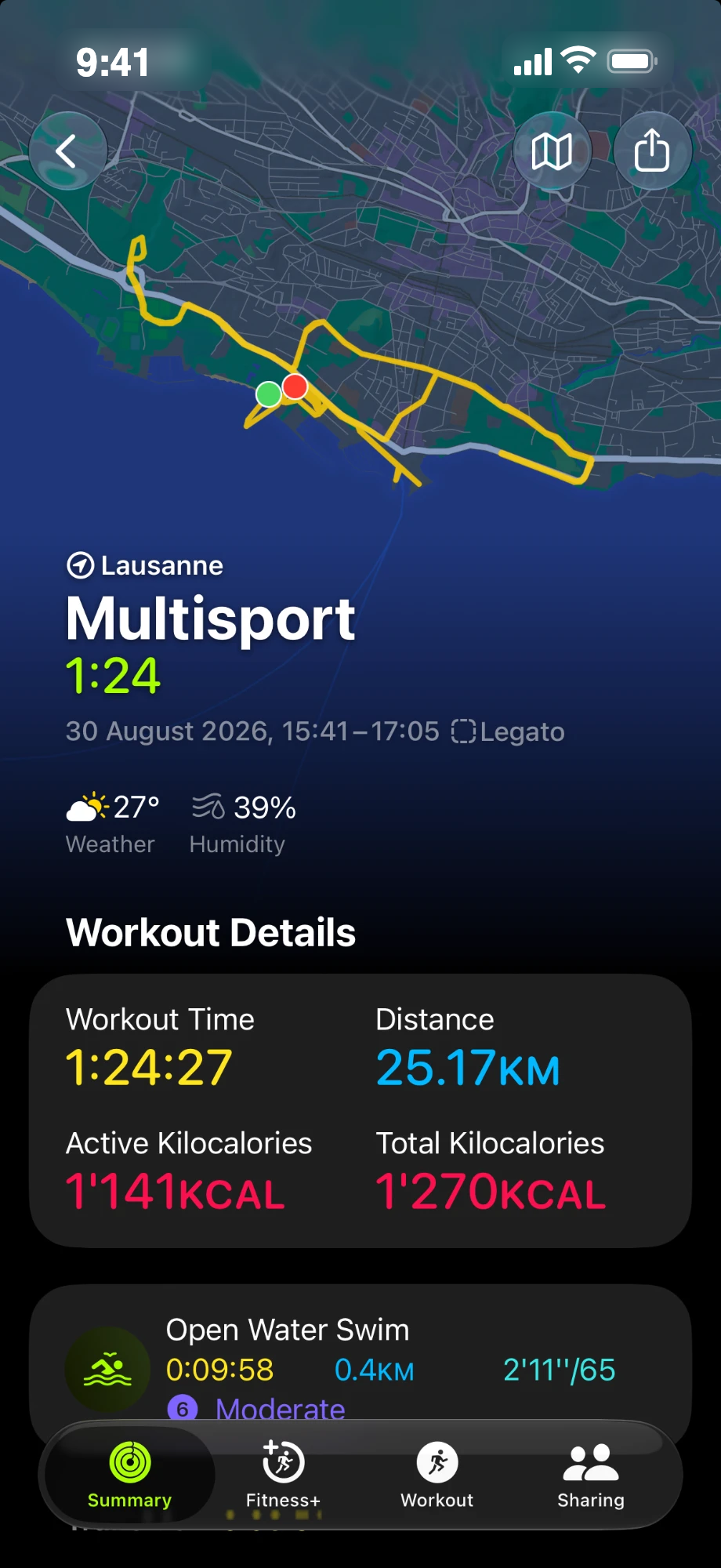 Fitness showing a multisport activity in Lausanne on 30 August 2026, imported into Apple Health by Legato: its route on the map, 25.17 km in 1:24:27, and the open water swim leg.